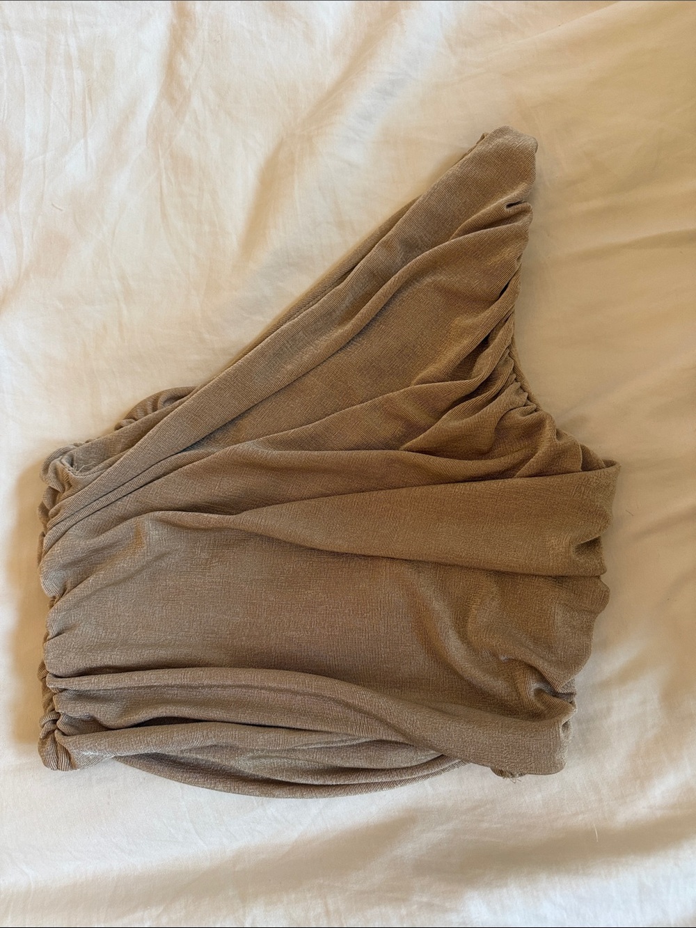 One-Shoulder Ruched Crop Top in Taupe